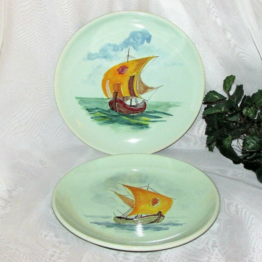 2 Hand Painted Italian Pottery Collector Display Plates Ships Boats Nautical